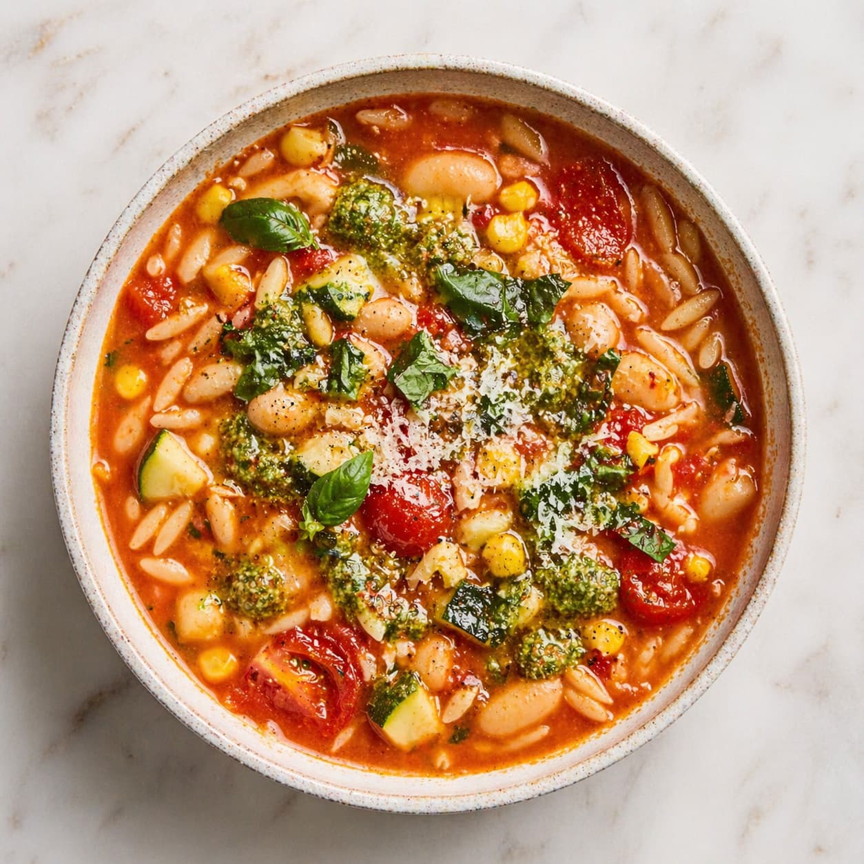 Orzo Minestrone with Fresh Corn, Zucchini, and Pesto